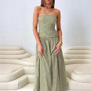 Frankey Strapless Drop Waist Maxi Dress Green Check